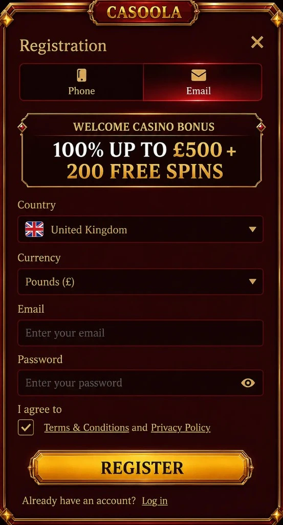 Casoola sign-up: welcome bonus 100% up to £500 + 200 free spins